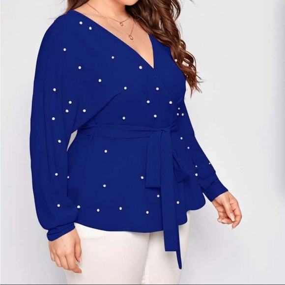 Boho dusty pink  plus size pearls beaded surplice blouse - Picture 4 of 6